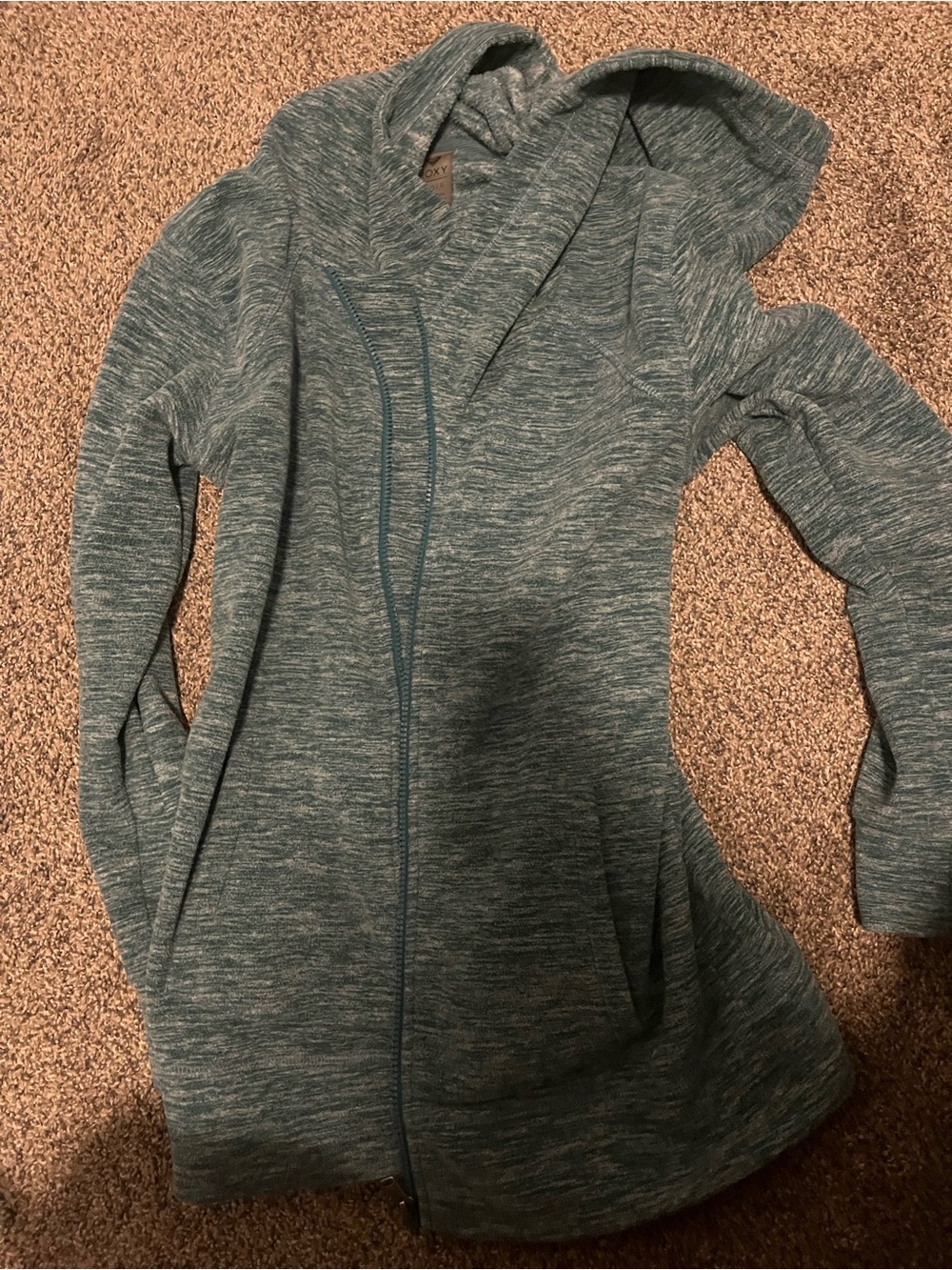 Roxy Heathered Teal Hooded front zip fleece asymmetric L